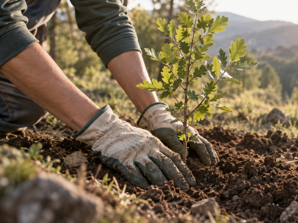 Plantación de un árbol joven como parte de una iniciativa de reforestación en España