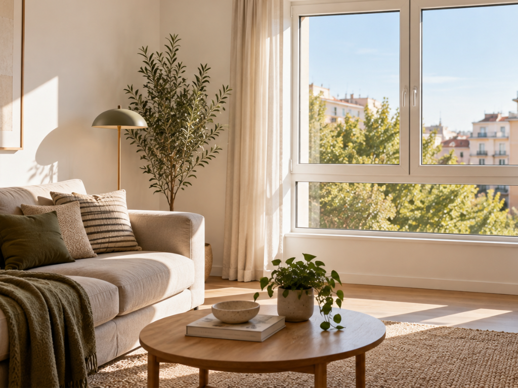 Salón de una vivienda reformada con materiales naturales y soluciones sostenibles